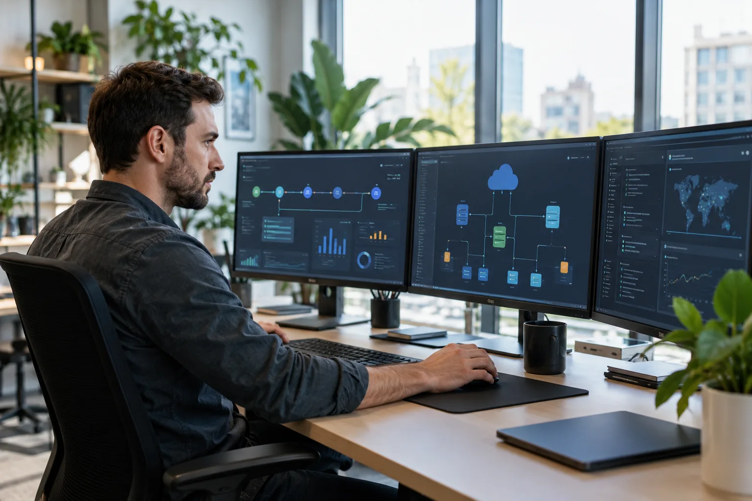 מהנדס DevOps מול שלושה מסכים עם תרשימי צינורות אוטומציה וענן