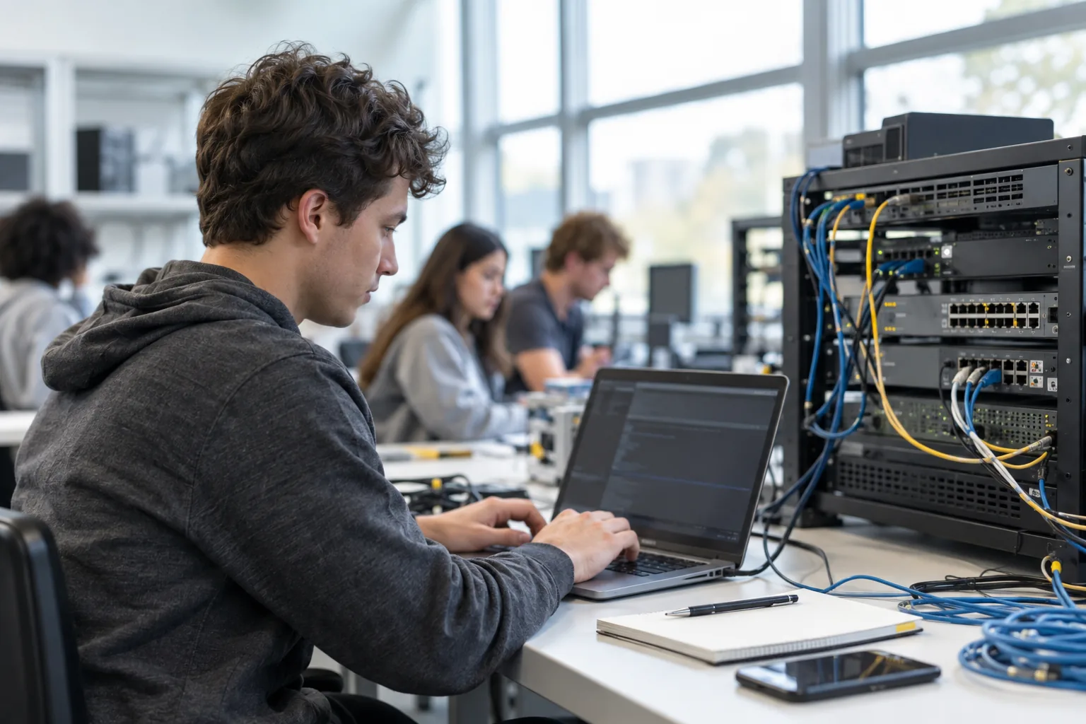 סטודנט בקורס DevOps מתרגל במעבדה מול ציוד רשת אמיתי